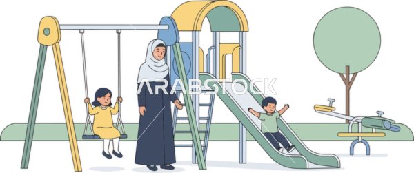 عائلة عربية خليجية سعودية تستمتع بيوم مشمس في الحديقة، أطفال يقومون باللعب على الأراجيح والزلاقات، قضاء وقت ممتع مع العائلة، فيكتور اليستريتور