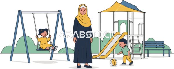 عائلة عربية خليجية سعودية تستمتع بيوم مشمس في الحديقة، أطفال يقومون باللعب على الأراجيح والزلاقات، قضاء وقت ممتع مع العائلة، فيكتور اليستريتور