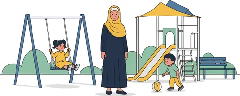 عائلة عربية خليجية سعودية تستمتع بيوم مشمس في الحديقة، أطفال يقومون باللعب على الأراجيح والزلاقات، قضاء وقت ممتع مع العائلة، فيكتور اليستريتور