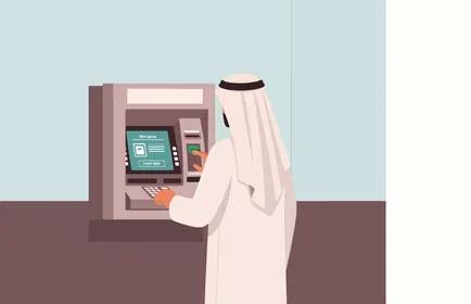 سهولة الخدمات المالية والمصرفية، فيكتور كرتوني لرجل عربي خليجي سعودي يرتدي الثوب التقليدي والغترة يستخدم الصراف الآلي،  تكنولوجيا حديثة ومتطورة ، فيكتور اليستريتور.