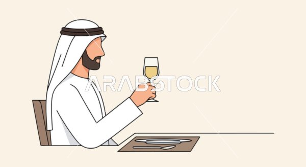 Spending enjoyable time outside the home, a cartoon vector of a Saudi Gulf Arab man wearing traditional thobe and ghutrah sitting in a café enjoying a refreshing juice, vector illustrator.