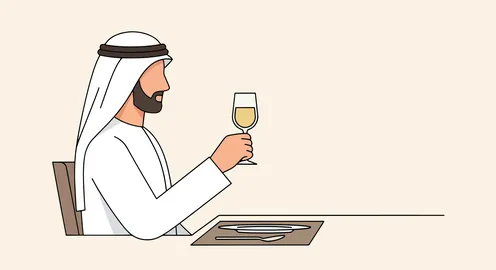 قضاء وقت ممتع خارج المنزل، فيكتور كرتوني لرجل عربي خليجي سعودي يرتدي الثوب التقليدي والغترة يجلس في مقهى يقوم بتناول عصير منعش ، فيكتور اليستريتور.