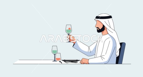 Spending enjoyable time outside the home, a cartoon vector of a Saudi Gulf Arab man wearing traditional thobe and ghutrah sitting in a café enjoying a refreshing juice, vector illustrator.