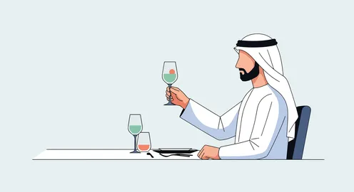 قضاء وقت ممتع خارج المنزل، فيكتور كرتوني لرجل عربي خليجي سعودي يرتدي الثوب التقليدي والغترة يجلس في مقهى يقوم بتناول عصير منعش ، فيكتور اليستريتور.