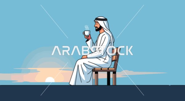 Contemplating the sunset, enjoying time outside the house, a cartoon vector of a Saudi Arabian Gulf man wearing traditional attire and a ghutrah sitting on a chair drinking hot coffee, vector illustrator.