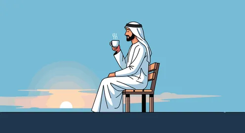 Contemplating the sunset, enjoying time outside the house, a cartoon vector of a Saudi Arabian Gulf man wearing traditional attire and a ghutrah sitting on a chair drinking hot coffee, vector illustrator.