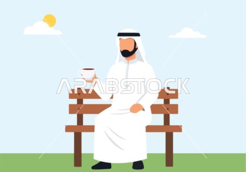 Spending enjoyable time outside the home, a cartoon vector of a Saudi Gulf Arab man wearing traditional attire and a ghutrah sitting on a chair enjoying hot coffee in the garden, vector illustrator.