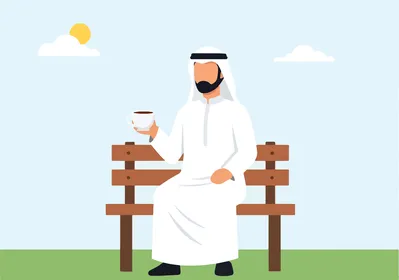 قضاء وقت ممتع خارج المنزل، فيكتور كرتوني لرجل عربي خليجي سعودي يرتدي الثوب التقليدي والغترة يجلس على كرسي يقوم بتناول قهوة ساخنة في الحديقة ، فيكتور اليستريتور.