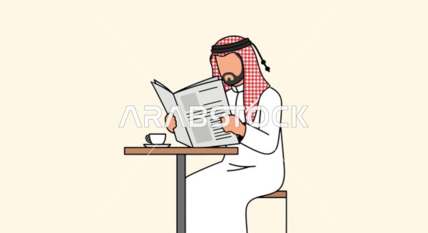 Reading magazines and newspapers, spending enjoyable time outside the home, a cartoon vector of a Saudi Arabian Gulf man wearing traditional attire and a ghutrah sitting on a chair drinking hot coffee, vector illustrator.