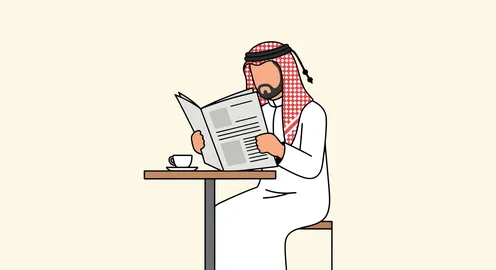 Reading magazines and newspapers, spending enjoyable time outside the home, a cartoon vector of a Saudi Arabian Gulf man wearing traditional attire and a ghutrah sitting on a chair drinking hot coffee, vector illustrator.