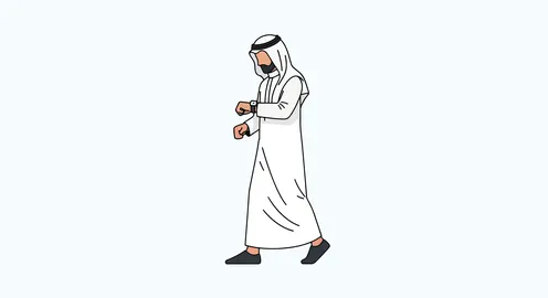 الاهتمام بالاناقة والمظهر الخارجي، الجسم بالطول الكامل، قضاء وقت ممتع خارج المنزل، فيكتور كرتوني لرجل عربي خليجي سعودي يرتدي الثوب التقليدي والغترة، فيكتور اليستريتور.