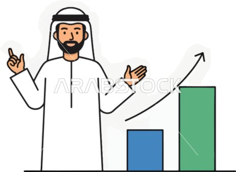 النمو والتطور المالي والاقتصادي، الاهتمام بالاناقة والمظهر الخارجي، قضاء وقت ممتع خارج المنزل، فيكتور كرتوني لرجل عربي خليجي سعودي يرتدي الثوب التقليدي والغترة يقدم مخطط بياني، فيكتور اليستريتور.
