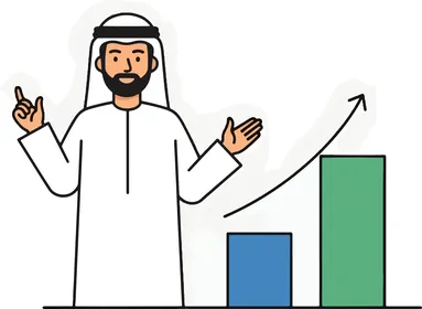 النمو والتطور المالي والاقتصادي، الاهتمام بالاناقة والمظهر الخارجي، قضاء وقت ممتع خارج المنزل، فيكتور كرتوني لرجل عربي خليجي سعودي يرتدي الثوب التقليدي والغترة يقدم مخطط بياني، فيكتور اليستريتور.