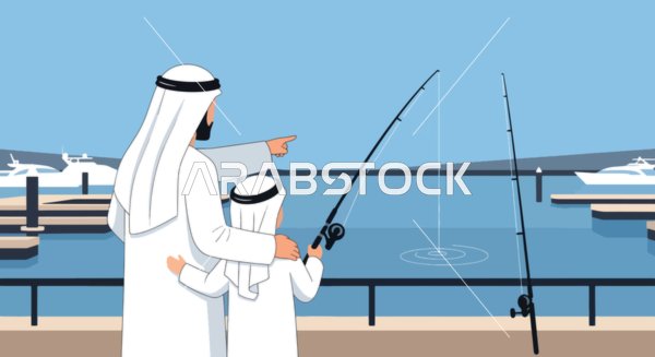 هواية صيد السمك، أب وابنه يرتديان الزي التقليدي يستمتعان بقضاء وقت في المرفأ البحري، صنع ذكريات عائلية سعيدة، فيكتور اليستريتور.