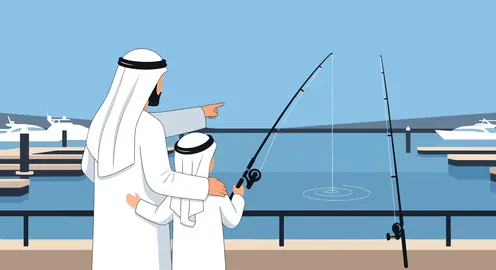 هواية صيد السمك، أب وابنه يرتديان الزي التقليدي يستمتعان بقضاء وقت في المرفأ البحري، صنع ذكريات عائلية سعيدة، فيكتور اليستريتور.