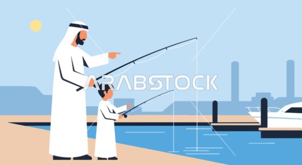 Fishing hobby, a father and son wearing traditional attire enjoying their time at the marina, creating happy family memories, vector illustration.