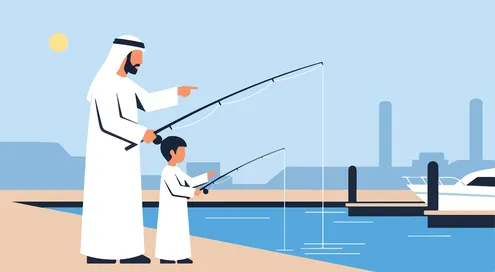 Fishing hobby, a father and son wearing traditional attire enjoying their time at the marina, creating happy family memories, vector illustration.