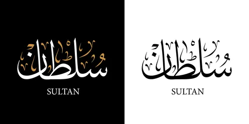 سلطان, اسم عربي للذكور, مخطوطة اسم عربي باللون الابيض والاسود باللغه العربيه والانجليزيه, فنون الخط العربي, خلفية سوداء وبيضاء, فيكتور اليستريتور