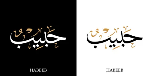 حبيب, اسم عربي للذكور, مخطوطة اسم عربي باللون الابيض والاسود باللغه العربيه والانجليزيه, فنون الخط العربي, خلفية سوداء وبيضاء, فيكتور اليستريتور