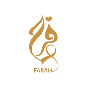 Farah, an Arabic name for females, a calligraphy of the name Farah in golden color in Arabic and English, Arabic calligraphy art, white background, vector illustrator.