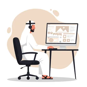 فيكتور رسم توضيحي ،رجل عربي خليجي اماراتي يرتدي الكندورة والغترة وسماعات الرأس يعمل على جهاز الكمبيوتر الخاص به يعرض التكنولوجيا الحديثة والتراث الثقافي، العالم الرقمي ، الإبداع والإنتاجية، فيكتور اليستريتور