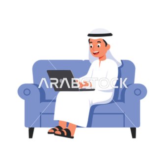 فيكتور رسم توضيحي ،رجل عربي خليجي اماراتي يرتدي الكندورة والغترة وسماعات الرأس يعمل على جهاز الكمبيوتر الخاص به يستعرض الحياة العصرية في الإمارات العربية المتحدة، العالم الرقمي ، الإبداع والإنتاجية، فيكتور اليستريتور