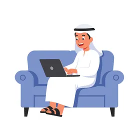 فيكتور رسم توضيحي ،رجل عربي خليجي اماراتي يرتدي الكندورة والغترة وسماعات الرأس يعمل على جهاز الكمبيوتر الخاص به يستعرض الحياة العصرية في الإمارات العربية المتحدة، العالم الرقمي ، الإبداع والإنتاجية، فيكتور اليستريتور