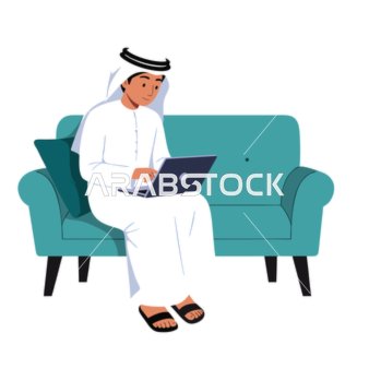 فيكتور رسم توضيحي ،رجل عربي خليجي اماراتي يرتدي الكندورة والغترة وسماعات الرأس يعمل على جهاز الكمبيوتر الخاص به يستعرض الحياة العصرية في الإمارات العربية المتحدة، العالم الرقمي ، الإبداع والإنتاجية، فيكتور اليستريتور