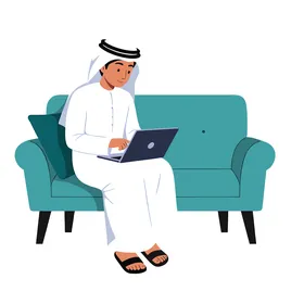 فيكتور رسم توضيحي ،رجل عربي خليجي اماراتي يرتدي الكندورة والغترة وسماعات الرأس يعمل على جهاز الكمبيوتر الخاص به يستعرض الحياة العصرية في الإمارات العربية المتحدة، العالم الرقمي ، الإبداع والإنتاجية، فيكتور اليستريتور