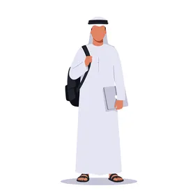 فيكتور رسم توضيحي ، طالب عربي خليجي اماراتي يرتدي الكندورة والغترة وحقيبة ظهر يمسك بيده الحاسوب المحمول ، التعليم الحديث فى الامارات العربية المتحدة، الإبداع والإنتاجية، فيكتور اليستريتور