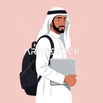 A vector illustration depicting an Emirati student from the Gulf region wearing a kandura and ghutra, carrying a backpack and holding a laptop. This illustration explores modern education in the United Arab Emirates, highlighting creativity and productivity. (Vector Illustrator)