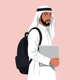 فيكتور رسم توضيحي ، طالب عربي خليجي اماراتي يرتدي الكندورة والغترة وحقيبة ظهر يمسك بيده الحاسوب المحمول ، التعليم الحديث فى الامارات العربية المتحدة، الإبداع والإنتاجية، فيكتور اليستريتور