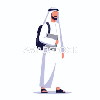 فيكتور رسم توضيحي ، طالب عربي خليجي اماراتي يرتدي الكندورة والغترة وحقيبة ظهر يمسك بيده الحاسوب المحمول ، التعليم الحديث فى الامارات العربية المتحدة، الإبداع والإنتاجية، فيكتور اليستريتور