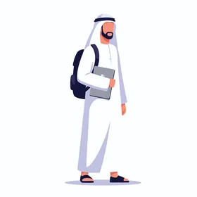 فيكتور رسم توضيحي ، طالب عربي خليجي اماراتي يرتدي الكندورة والغترة وحقيبة ظهر يمسك بيده الحاسوب المحمول ، التعليم الحديث فى الامارات العربية المتحدة، الإبداع والإنتاجية، فيكتور اليستريتور