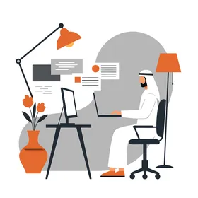 فيكتور رسم توضيحي ، رجل عربي خليجي اماراتي يرتدي الكندورة والغترة يجلس على كرسي يستخدم جهاز الحاسوب ، بيئة الاعمال الحديثة فى الامارات العربية المتحدة، الإبداع والإنتاجية، فيكتور اليستريتور