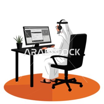A vector illustration depicts an Emirati Gulf Arab man wearing a kandura and ghutra, sitting at a chair using a computer. This illustration represents the modern business environment in the United Arab Emirates, showcasing creativity and productivity. (Vector Illustrator)