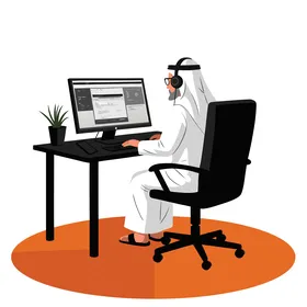 فيكتور رسم توضيحي ، رجل عربي خليجي اماراتي يرتدي الكندورة والغترة يجلس على كرسي يستخدم جهاز الحاسوب ، بيئة الاعمال الحديثة فى الامارات العربية المتحدة، الإبداع والإنتاجية، فيكتور اليستريتور