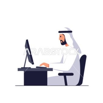 A vector illustration depicts an Emirati Gulf Arab man wearing a kandura and ghutra, sitting at a chair using a computer. This illustration represents the modern business environment in the United Arab Emirates, showcasing creativity and productivity. (Vector Illustrator)