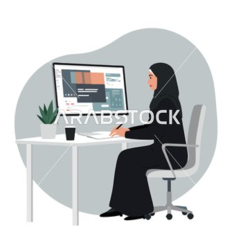 فيكتور رسم توضيحي ،امراه عربيه خليجيه اماراتيه ترتدي العباءه والحجاب تعمل على جهاز الكمبيوتر الخاص بها ، التكنولوجيا الحديثة والتراث الثقافي، العالم الرقمي ، الإبداع والإنتاجية، فيكتور اليستريتور