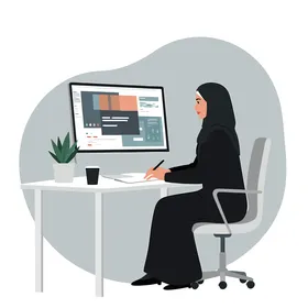 فيكتور رسم توضيحي ،امراه عربيه خليجيه اماراتيه ترتدي العباءه والحجاب تعمل على جهاز الكمبيوتر الخاص بها ، التكنولوجيا الحديثة والتراث الثقافي، العالم الرقمي ، الإبداع والإنتاجية، فيكتور اليستريتور