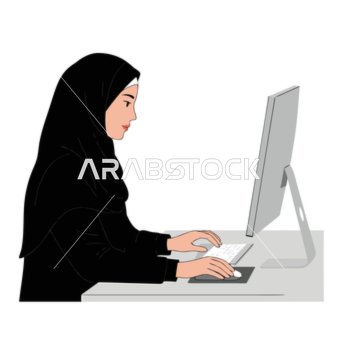 فيكتور رسم توضيحي ،امراه عربيه خليجيه اماراتيه ترتدي العباءه والحجاب تعمل على جهاز الكمبيوتر الخاص بها ، التكنولوجيا الحديثة والتراث الثقافي، العالم الرقمي ، الإبداع والإنتاجية، فيكتور اليستريتور