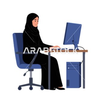Vector illustration, an Arab Gulf Emirati woman wearing an abaya and hijab working on her computer, modern technology and cultural heritage, the digital world, creativity and productivity, vector illustrator.