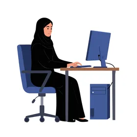 Vector illustration, an Arab Gulf Emirati woman wearing an abaya and hijab working on her computer, modern technology and cultural heritage, the digital world, creativity and productivity, vector illustrator.