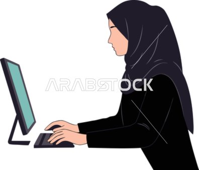 فيكتور رسم توضيحي ،امراه عربيه خليجيه اماراتيه ترتدي العباءه والحجاب تعمل على جهاز الكمبيوتر الخاص بها ، التكنولوجيا الحديثة والتراث الثقافي، العالم الرقمي ، الإبداع والإنتاجية، فيكتور اليستريتور