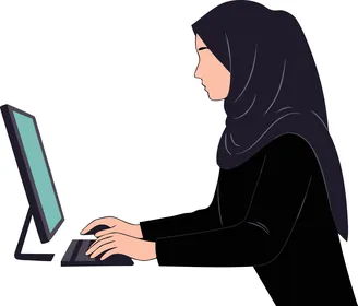 فيكتور رسم توضيحي ،امراه عربيه خليجيه اماراتيه ترتدي العباءه والحجاب تعمل على جهاز الكمبيوتر الخاص بها ، التكنولوجيا الحديثة والتراث الثقافي، العالم الرقمي ، الإبداع والإنتاجية، فيكتور اليستريتور