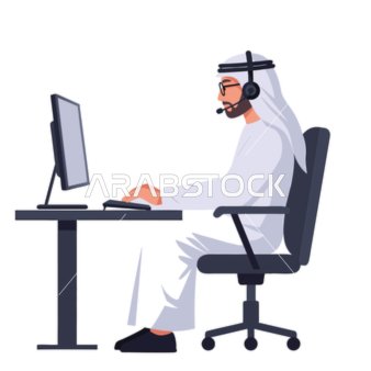 فيكتور رسم توضيحي ،رجل عربي خليجي اماراتي يرتدي الكندورة والغترة يجلس على كرسي يستخدم جهاز الحاسوب يقدم خدمة العملاء باستخدام سماعات الرأس، التكنولوجيا الحديثة ، العالم الرقمي ، الإبداع والإنتاجية، فيكتور اليستريتور