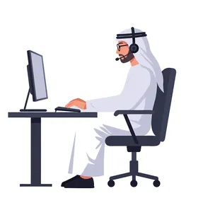 فيكتور رسم توضيحي ،رجل عربي خليجي اماراتي يرتدي الكندورة والغترة يجلس على كرسي يستخدم جهاز الحاسوب يقدم خدمة العملاء باستخدام سماعات الرأس، التكنولوجيا الحديثة ، العالم الرقمي ، الإبداع والإنتاجية، فيكتور اليستريتور