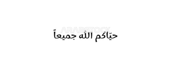 التمنيات الطيبة والبركات ، تحية عربية جميلة، فيكتور مخطوطة نص "حياكم الله جميعاً " باللون الاسود ، فنون الخط العربي الاصيل, خلفية بيضاء ،فيكتور اليستريتور