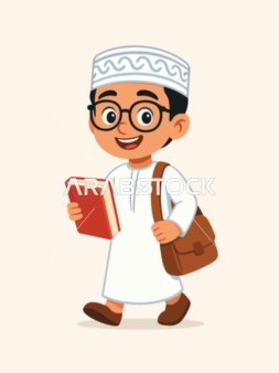 فيكتور  شخصية كرتونية، طالب عربي عماني خليجي يرتدي نظارة، يحمل كتابًا وحقيبة كتف، يستعد للذهاب إلى المدرسة، العودة إلى المدارس، فيكتور إليستريتور.