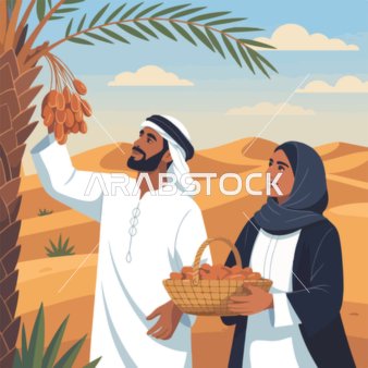فيكتور رسم توضيحي للاحتفاء بالتقاليد والخير الوفير تحت دفء الشمس، محاصيل و منتجات زراعيه محلية وطنية، زوجان عربيان خليجيان اماراتيان يحصدان التمور فى الصحراء ،فيكتور اليستريتور